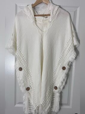 Cozy Cream Hooded Fringe Poncho with Button Accents